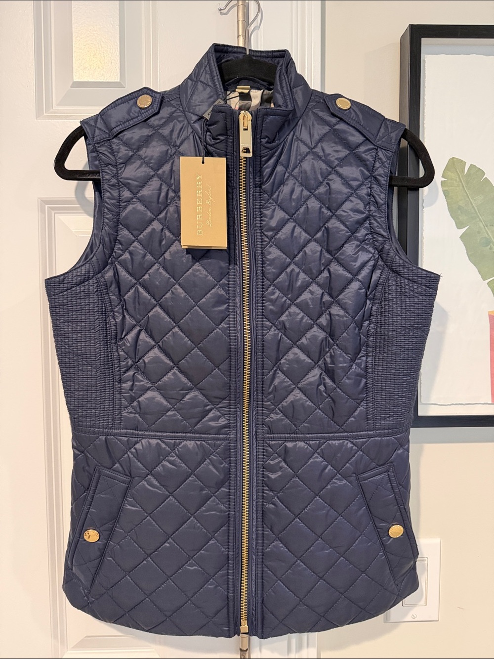 Authentic Burberry Quilted Navy Sleeveless Vest with Gold Hardware NWT Size S
